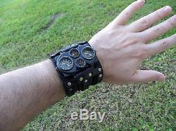 Bison Leather wristband cuff bracelet Men`s biker Watch Steam punk dual unique