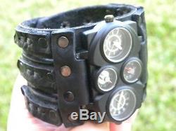 Bison Leather wristband cuff bracelet Men`s biker Watch Steam punk dual unique