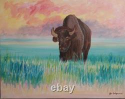 Bison Original Colorful Modern Signed 16x20 Acrylic Painting Home Decor Art BAÇH