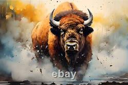 Bison Painting on Framed Canvas Wall Art, American Plains Buffalo Animals Decor