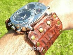 Bison and Alligator Leather dual time wristwatch biker Men cuff Watch bracelet