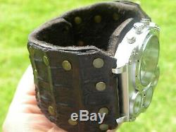 Bison and Alligator Leather dual time wristwatch biker Men cuff Watch bracelet