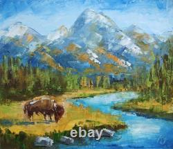 Bison in Wyoming 10x12 Grand Teton Landscape Oil Painting Buffalo Handmade