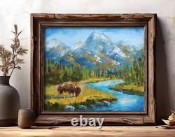 Bison in Wyoming 10x12 Grand Teton Landscape Oil Painting Buffalo Handmade