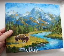 Bison in Wyoming 10x12 Grand Teton Landscape Oil Painting Buffalo Handmade