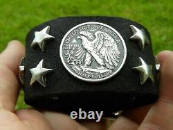 Bison leather cuff Bracelet authentic Walking Liberty Eagle Half dollar coin