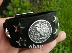Bison leather cuff Bracelet authentic Walking Liberty Eagle Half dollar coin