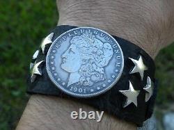 Bison leather cuff adjustable Bracelet authentic silver Morgan one dollar coin