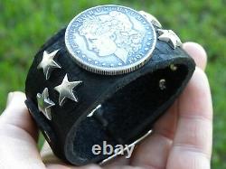 Bison leather cuff adjustable Bracelet authentic silver Morgan one dollar coin