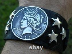 Bison leather cuff adjustable Bracelet wristband Peace one dollar coin silver