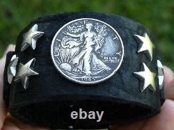 Bison leather cuff bracelet authentic silver Walking Liberty Half dollar coin