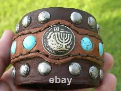 Bison leather cuff wide bracelet Israel Menorah coin turquoise customize size