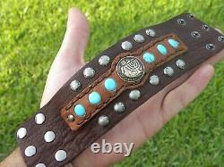 Bison leather cuff wide bracelet Israel Menorah coin turquoise customize size