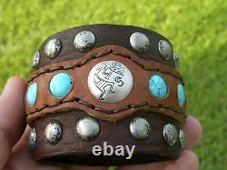 Bison leather cuff wide bracelet sterling Kokopelli turquoise customize size