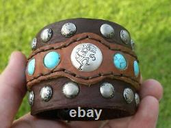 Bison leather cuff wide bracelet sterling Kokopelli turquoise customize size