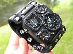 Bison leather wristband cuff Men watch bracelet wristwatch dual time customize