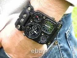 Bison leather wristband cuff Men watch bracelet wristwatch dual time customize