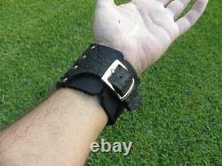 Black bracelet hematite stone genuine Buffalo Bison leather cuff adjustable