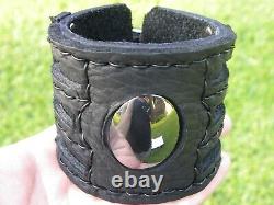 Black bracelet hematite stone genuine Buffalo Bison leather cuff adjustable