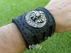 Black large Bison leather cuff bracelet Indian Head skull 3 inch wide for biker