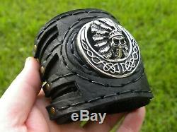 Black large Bison leather cuff bracelet Indian Head skull 3 inch wide for biker