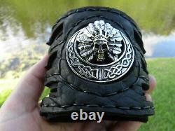 Black large Bison leather cuff bracelet Indian Head skull 3 inch wide for biker