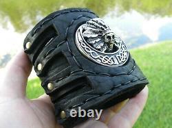 Black large Bison leather cuff bracelet Indian Head skull 3 inch wide for biker