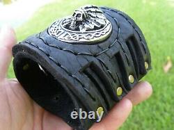 Black large Bison leather cuff bracelet Indian Head skull 3 inch wide for biker