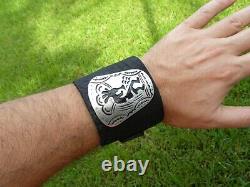 Black large Buffalo Bison leather adjustable cuff men bracelet wristband