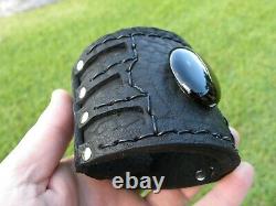 Black wide bracelet onyx stone genuine Buffalo Bison leather cuff adjustable
