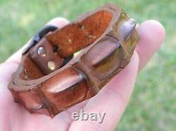 Bracelet cuff genuine Alligator horn Bison leather brown adjustable 6.5 to 7