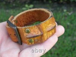 Bracelet cuff genuine Alligator horn Bison leather tobacco adjustable 6.5 to 7