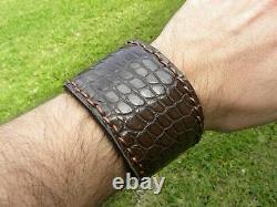 Bracelet cuff genuine dark brown Alligator Crocodile Bison leather for 8 wrist