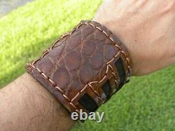 Bracelet cuff wide genuine Alligator and Bison leather adjustable 6.5 wrist