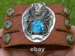 Bracelet sterling silver Bison head turquoise Buffalo Bison leather customize