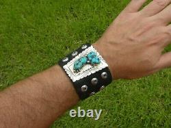 Bracelet sterling silver turquoise Bison leather cuff customize wrist size