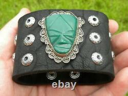 Bracelet vintage sterling silver green onyx mask Bison leather cuff customize