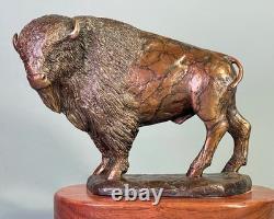 Bronze American Bison Statue Buffalo Sculpture Figure Decor Wood Base