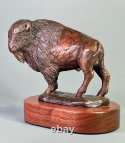 Bronze American Bison Statue Buffalo Sculpture Figure Decor Wood Base