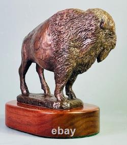 Bronze American Bison Statue Buffalo Sculpture Figure Decor Wood Base