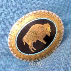 Buffalo Bison Belt Buckle Turquoise Inlay Handmade Vtg 70s Johnson & Held. SHY047