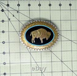 Buffalo Bison Belt Buckle Turquoise Inlay Handmade Vtg 70s Johnson & Held. SHY047