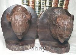 Buffalo Bison Head 5 Tall Carved Dark Brown Solid Wood Bookends 2 Piece Set