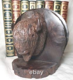 Buffalo Bison Head 5 Tall Carved Dark Brown Solid Wood Bookends 2 Piece Set