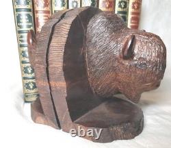 Buffalo Bison Head 5 Tall Carved Dark Brown Solid Wood Bookends 2 Piece Set