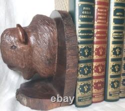Buffalo Bison Head 5 Tall Carved Dark Brown Solid Wood Bookends 2 Piece Set