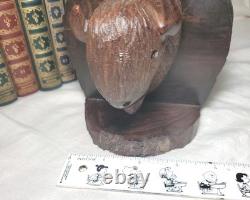 Buffalo Bison Head 5 Tall Carved Dark Brown Solid Wood Bookends 2 Piece Set