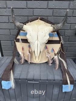 Buffalo Bison Head Skull Horns With Caps And Beautiful American Indian Mounting