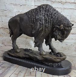 Buffalo Bison Western Native American Art 100% Bronze on Marble Sculpture Figure