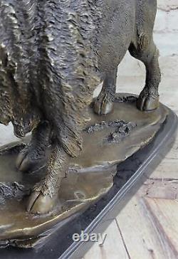 Buffalo Bison Western Native American Art 100% Bronze on Marble Sculpture Figure